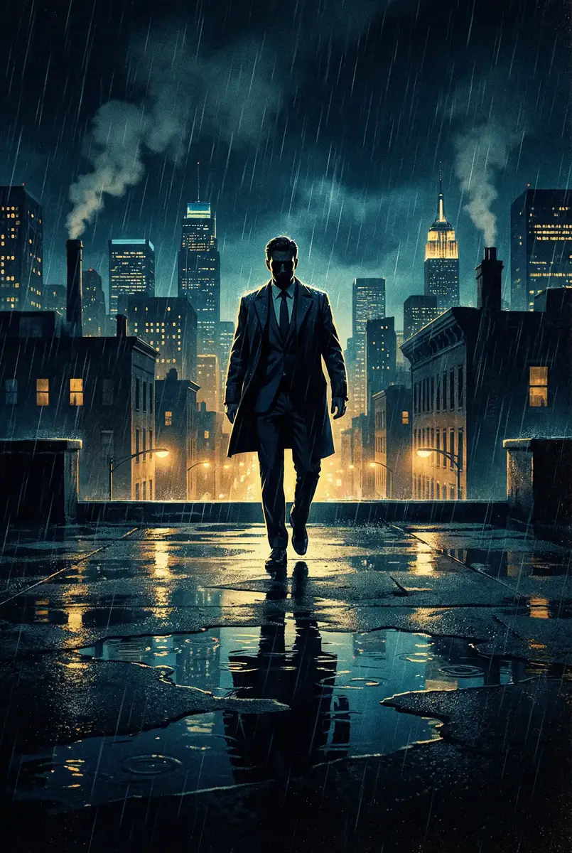 iptd-343 出品影片《雨夜独行者》海报，雨中城市屋顶男性剪影
